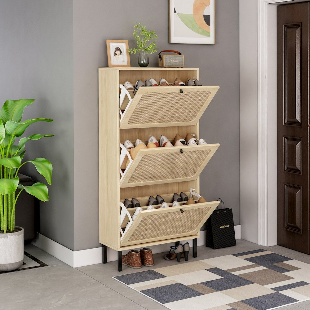 Crestwood Freestanding 3-Door Shoe Cabinet - Natural & Rattan