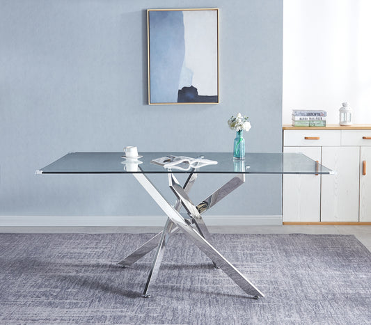 Artisan Furniture Rectangular Clear Dining Tempered Glass Table with Silver Finish Stainless Steel Legs