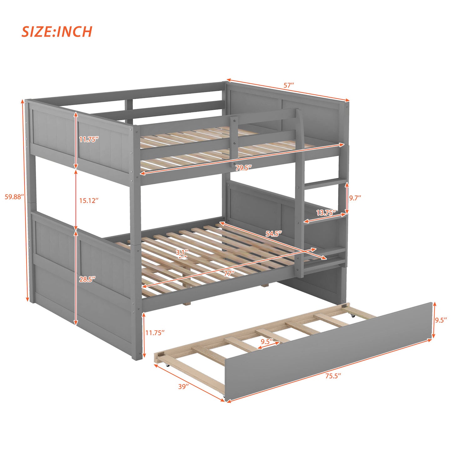 Lucky Full over Full Bunk Bed with Trundle - Gray