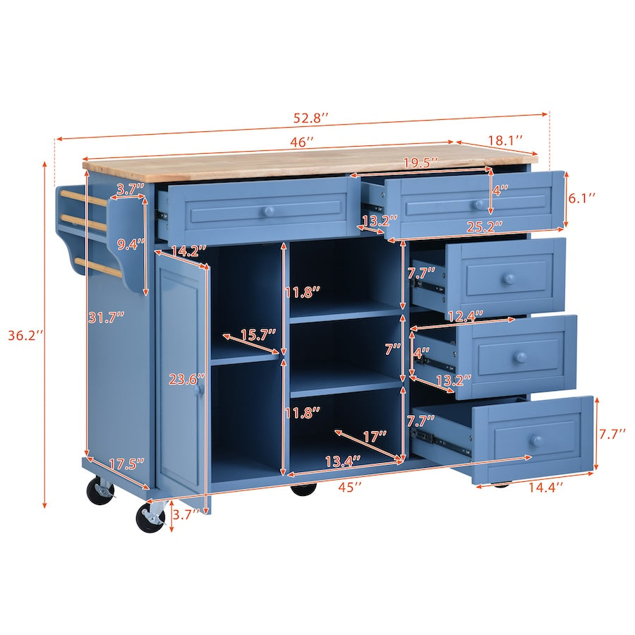 K&K Kitchen Island Cart with 5 Drawers - Blue