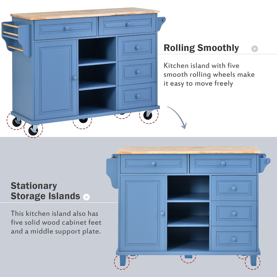 K&K Kitchen Island Cart with 5 Drawers - Blue