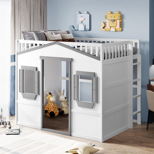 Homey Life House Loft Bed With Ladder-White & Gray
