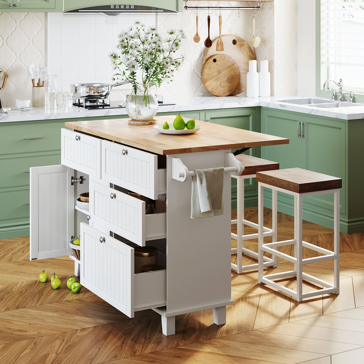 Topmax Farmhouse Kitchen Island with Drop Leaf & Seating - White