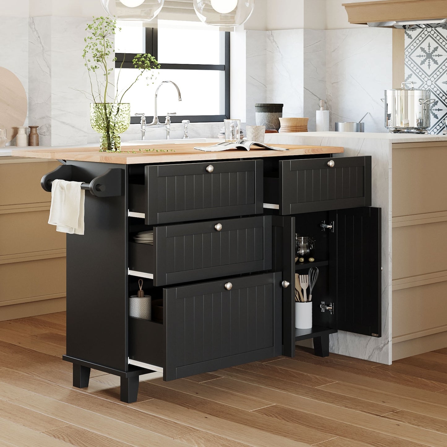 Topmax Farmhouse Kitchen Island with Drop Leaf & Seating - Black