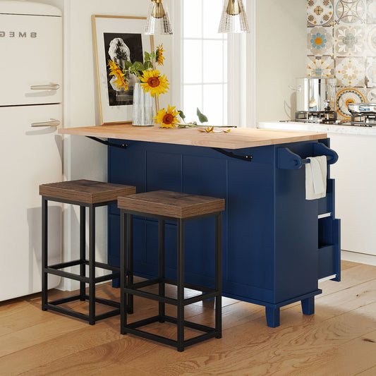 Topmax Farmhouse Kitchen Island with Drop Leaf & Seating - Blue
