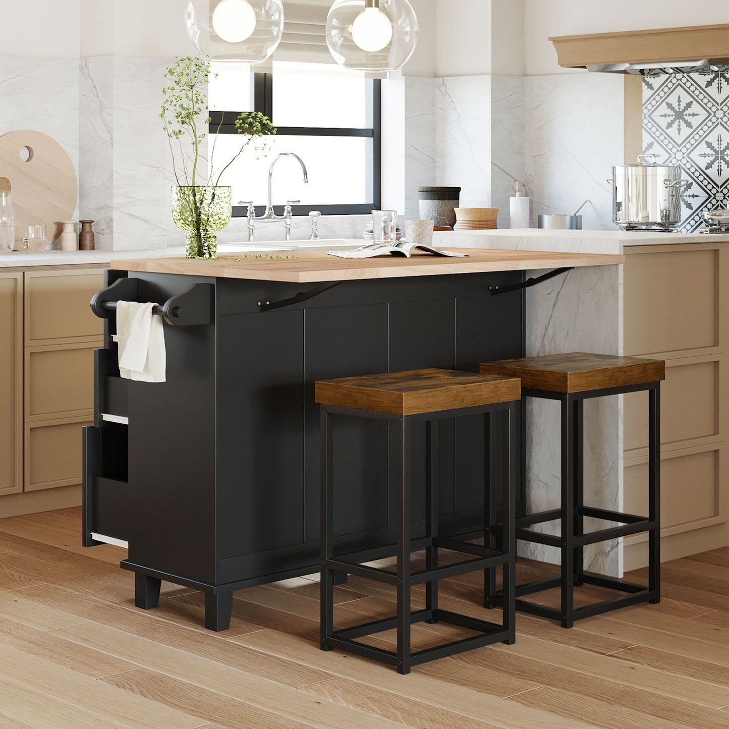 Topmax Farmhouse Kitchen Island with Drop Leaf & Seating - Black