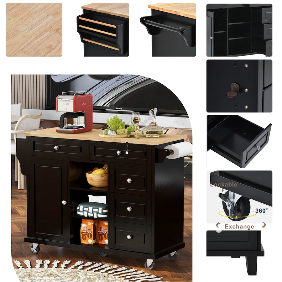 K&K Kitchen Island Cart with 5 Drawers - Black