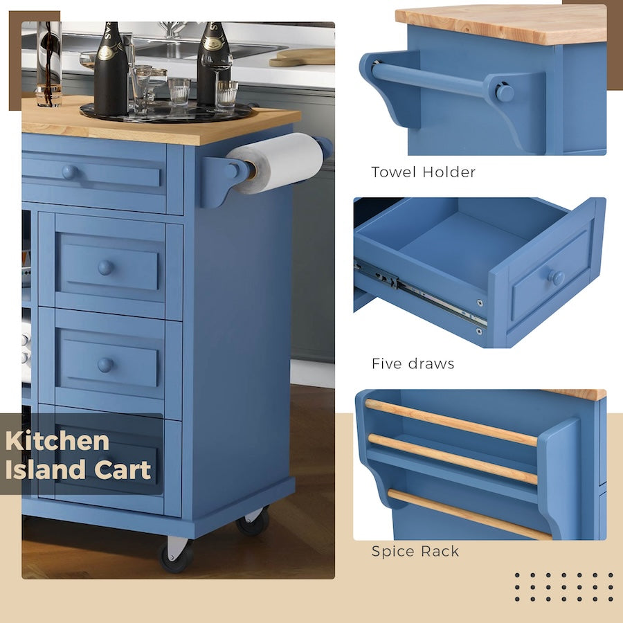 K&K Kitchen Island Cart with 5 Drawers - Blue