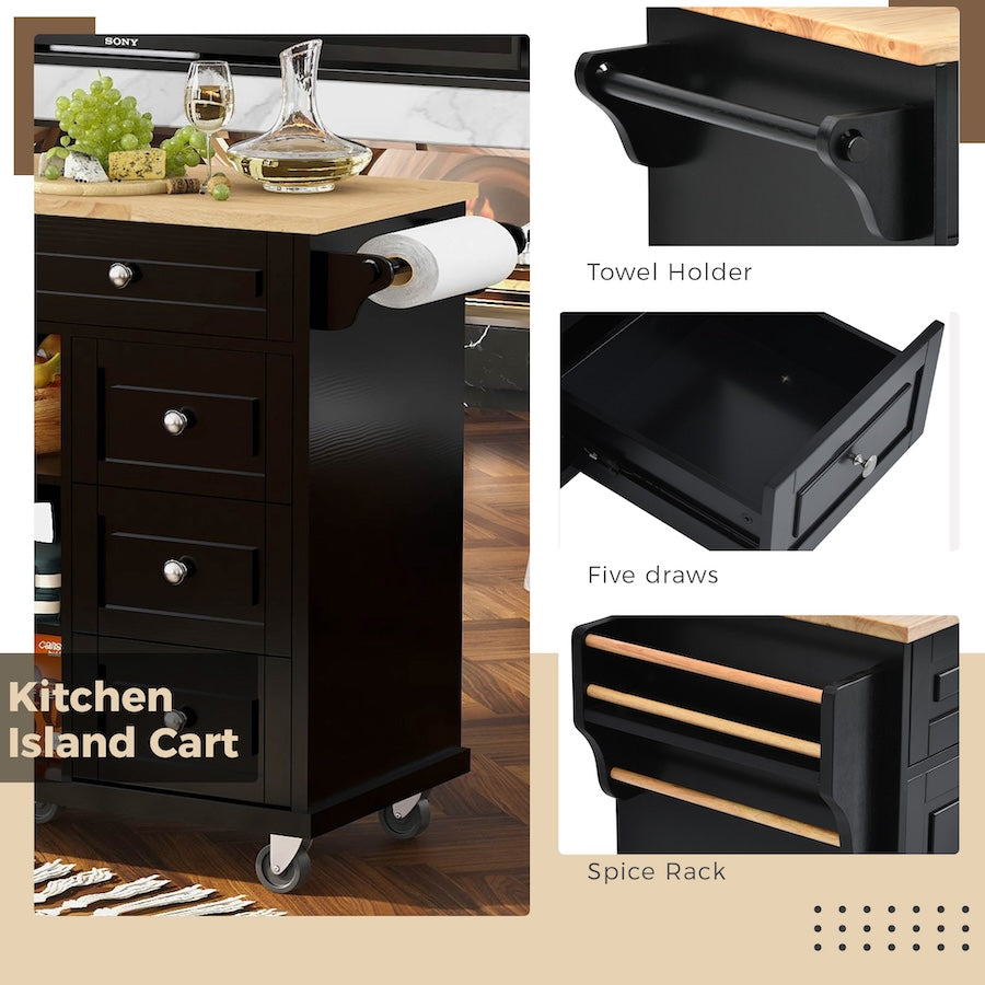 K&K Kitchen Island Cart with 5 Drawers - Black