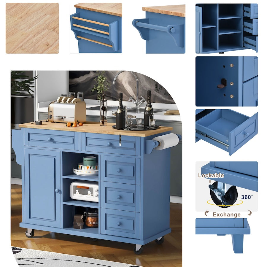 K&K Kitchen Island Cart with 5 Drawers - Blue