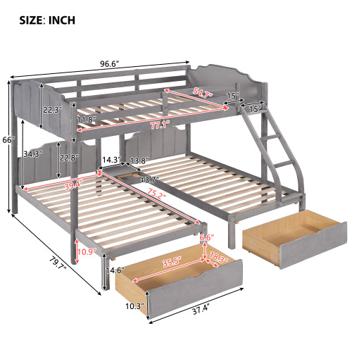 Lucky Furniture Full Over Twin & Twin Triple Wooden Bunk Bed - Gray