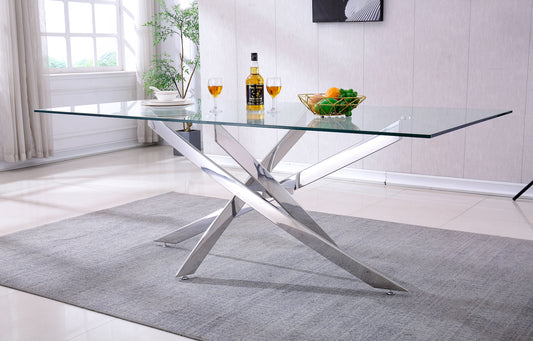 Artisan Furniture 78" Rectangular Clear Dining Tempered Glass Table with Silver Finish Stainless Steel Legs