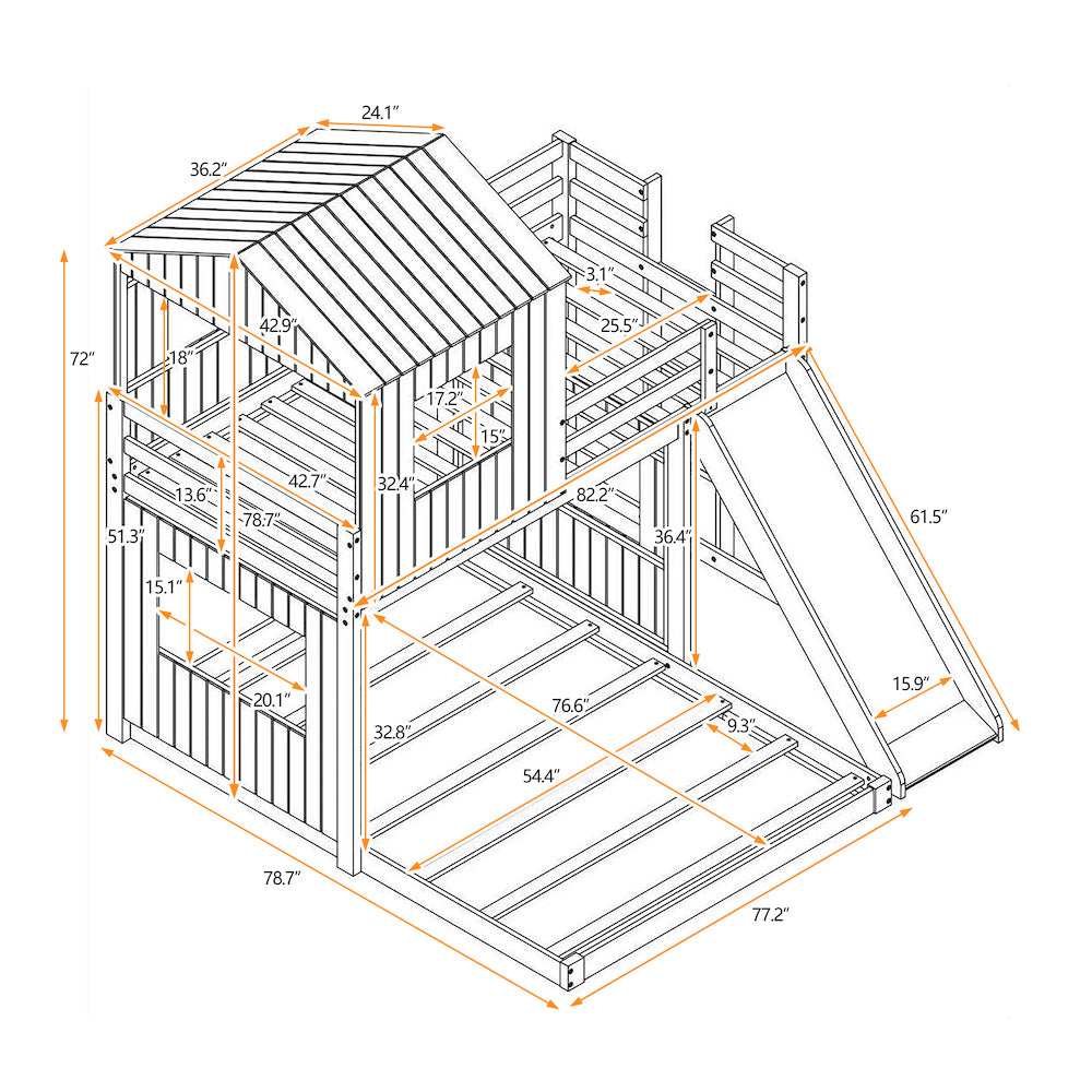 Lucky Furniture Playhouse Twin Over Full Wooden Bunk Bed - Antique Gray