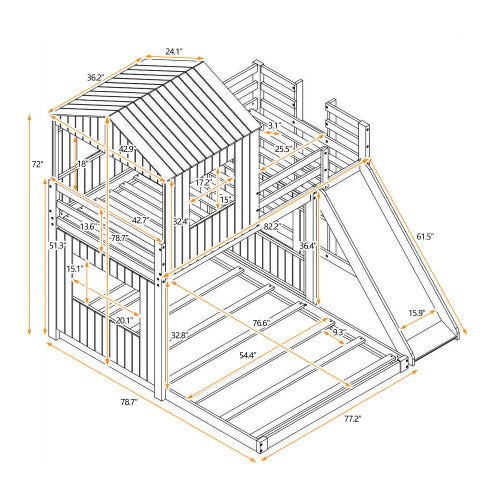 Lucky Furniture Playhouse Twin Over Full Wooden Bunk Bed with Guardrails - White