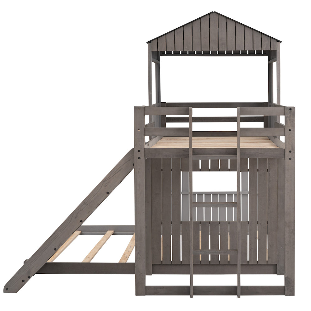Lucky Furniture Playhouse Twin Over Full Wooden Bunk Bed - Antique Gray
