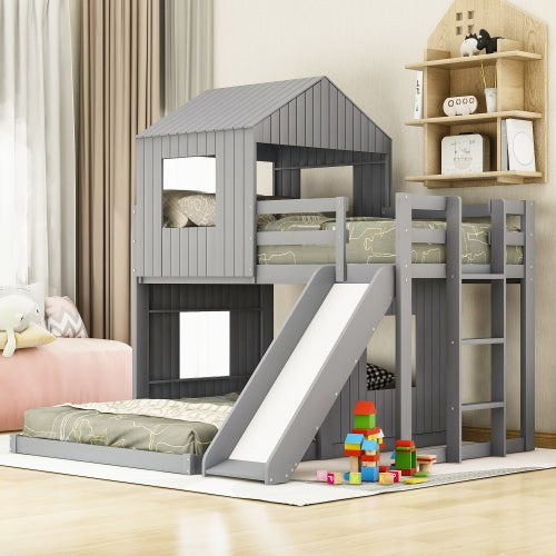 Lucky Furniture Playhouse Twin Over Full Wooden Bunk Bed - Light Gray
