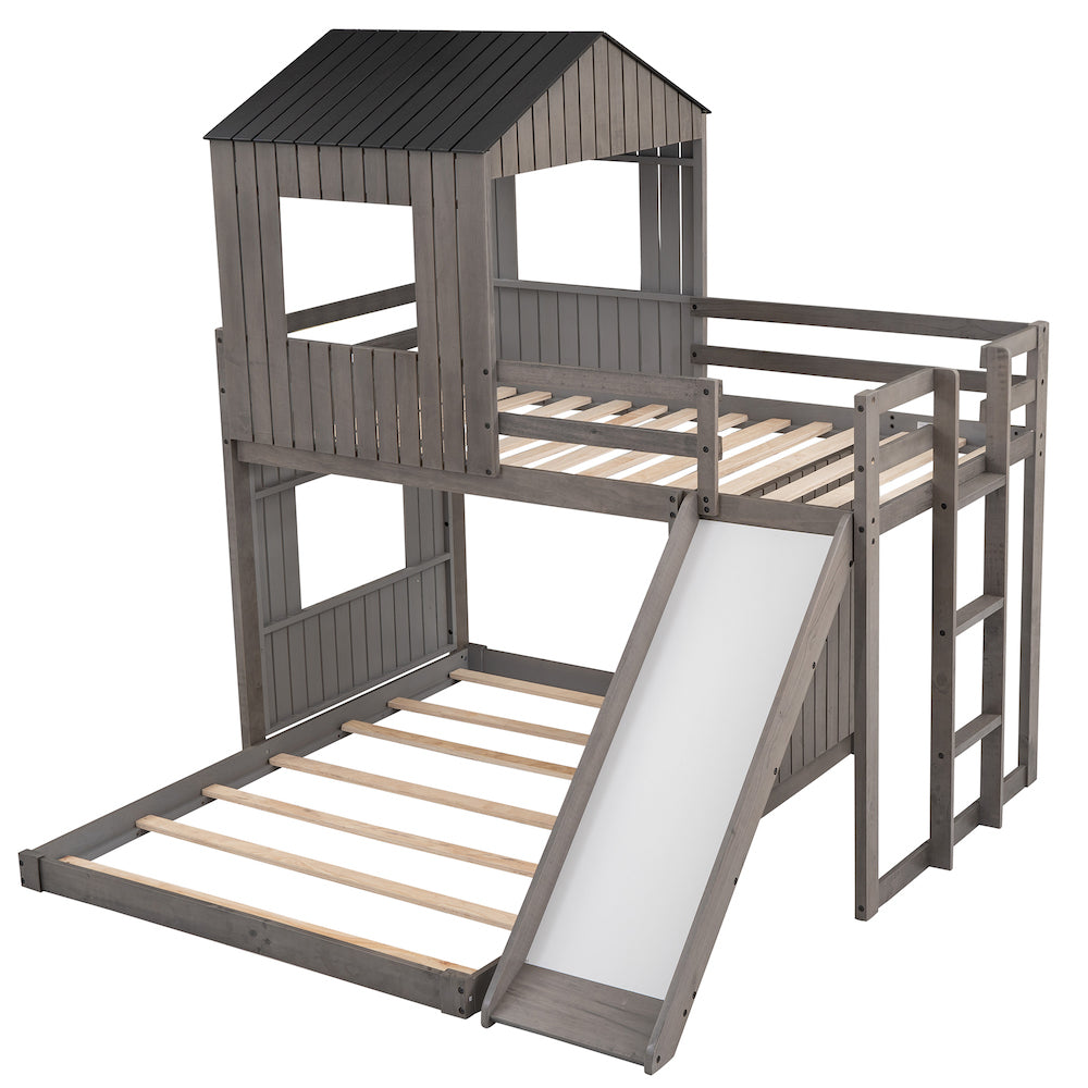 Lucky Furniture Playhouse Twin Over Full Wooden Bunk Bed - Antique Gray