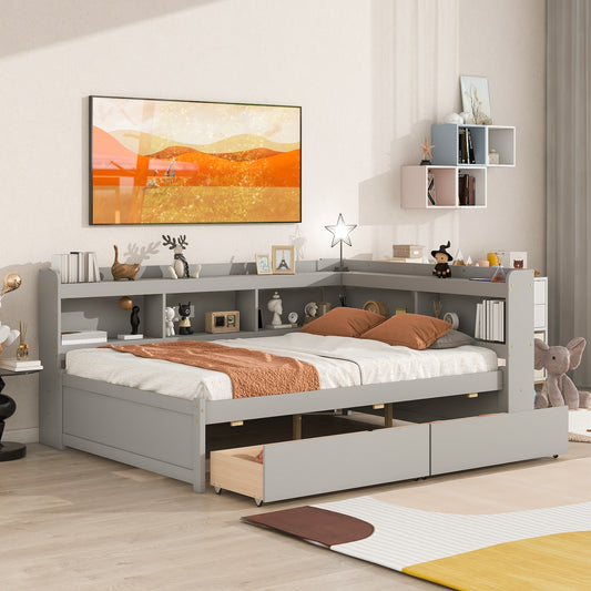 Aspen Full Size L-Shape Bookcase Bed - Gray