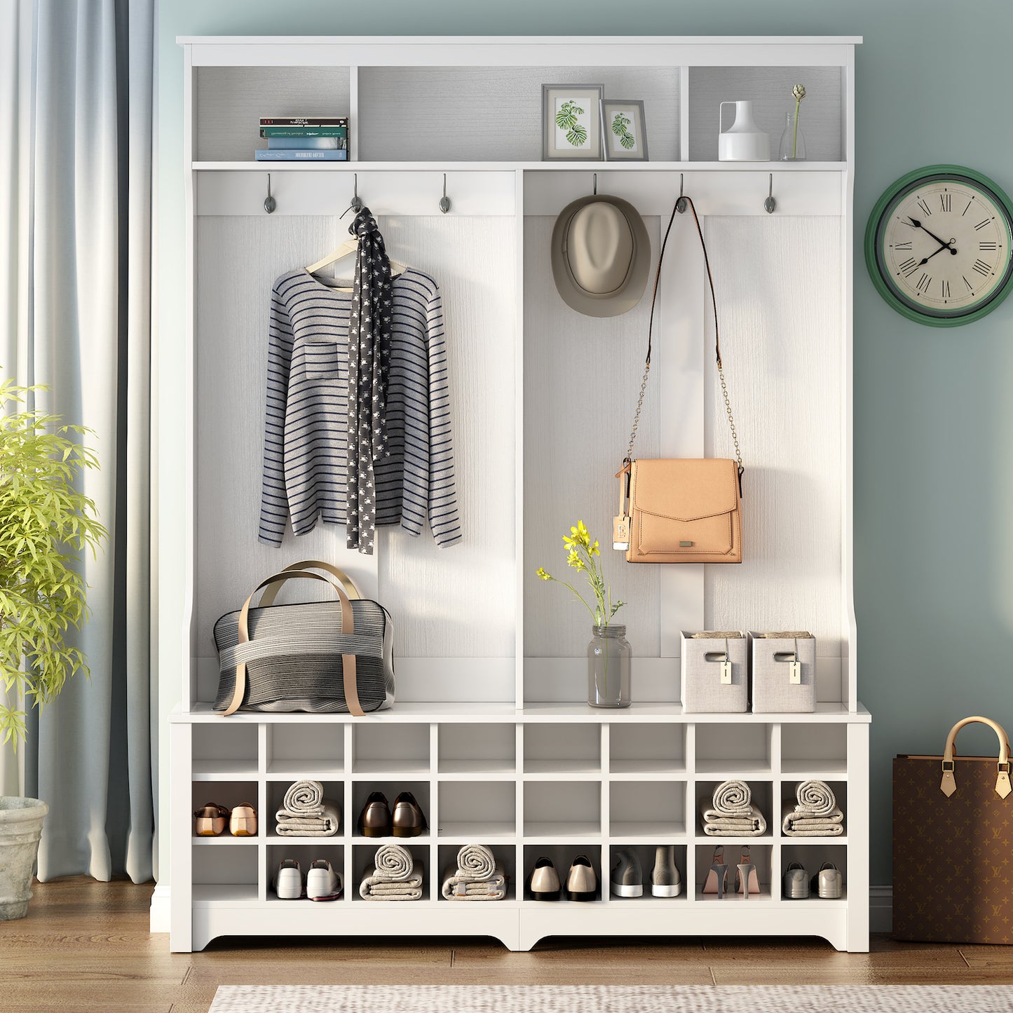 On-Trend Entryway Hall Tree with Coat Hooks & Cubbies - White