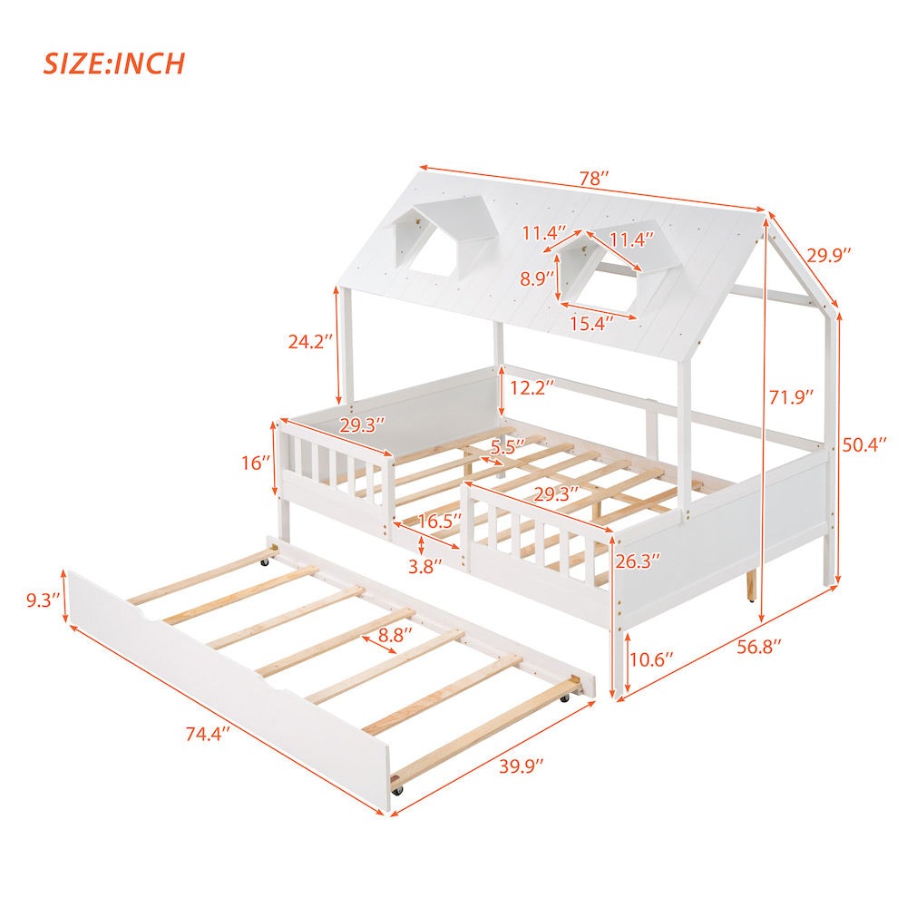 Lucky Full Size House Bed with Twin Trundle - White