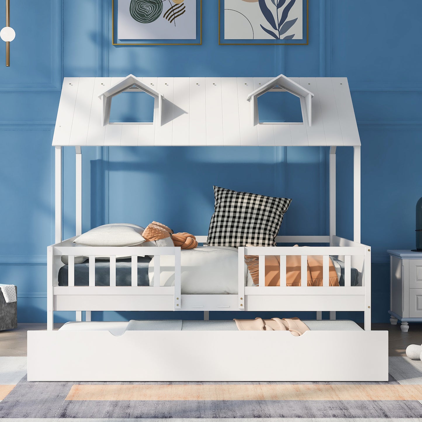 Lucky Full Size House Bed with Twin Trundle - White