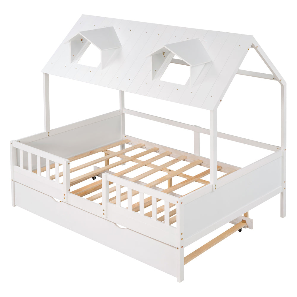 Lucky Full Size House Bed with Twin Trundle - White