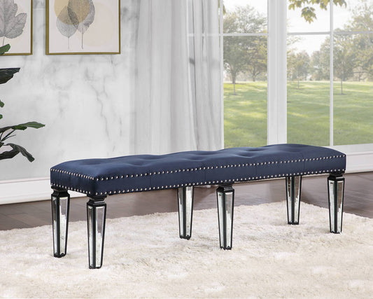 Varian Velvet Upholstered Bench with Mirrored Legs - Dark Navy & Mirror