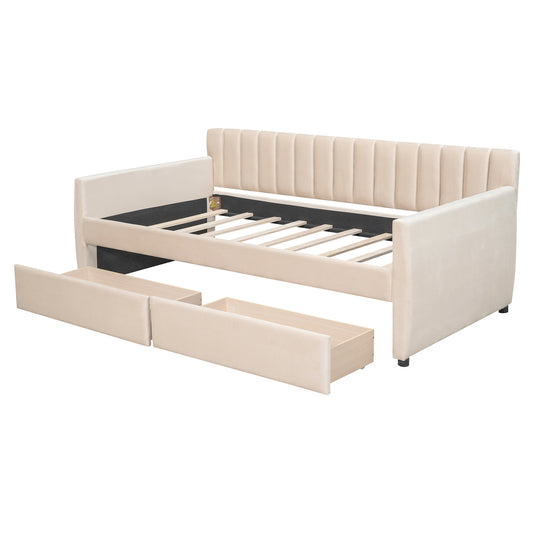Lucky Channel Tufted Velvet Daybed with Storage Drawers - Beige