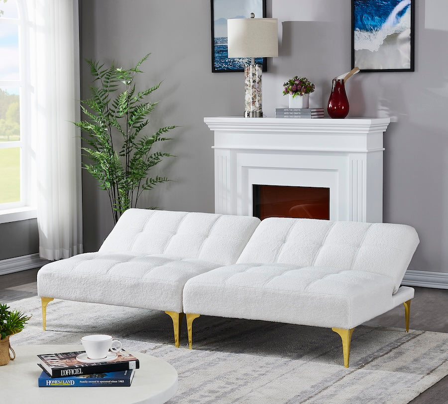 Evolve Split Back Sofa Bed with Gold Legs - White Teddy Fabric