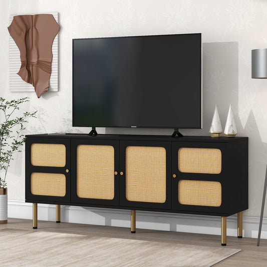 On-Trend Boho Style TV Stand with Rattan Doors & Gold Legs - Black