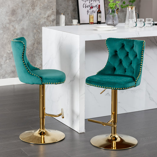 A&A Furniture Velvet Swivel Bar Stools with Gold Base Set of 2 - Green