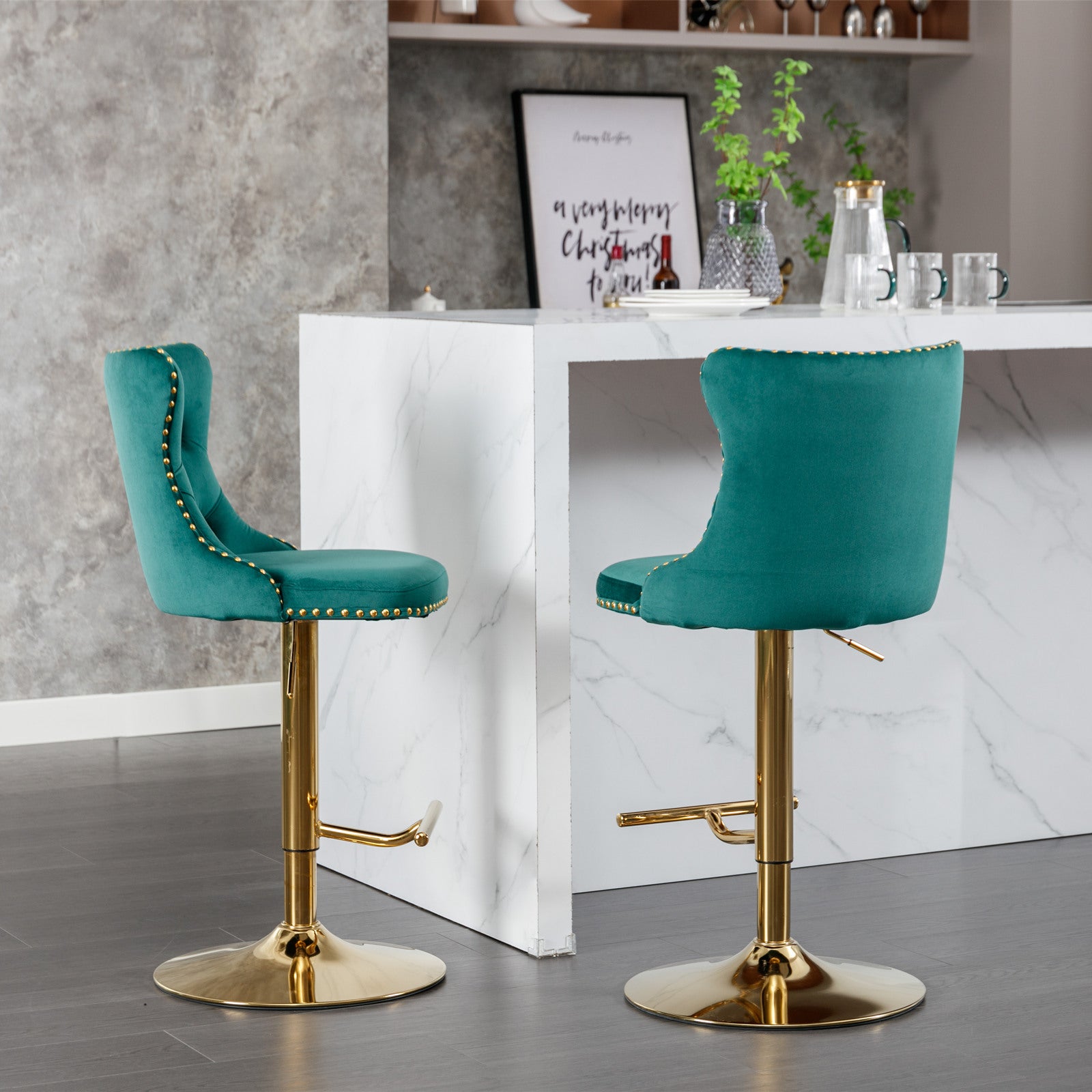 A&A Furniture Velvet Swivel Bar Stools with Gold Base Set of 2 - Green