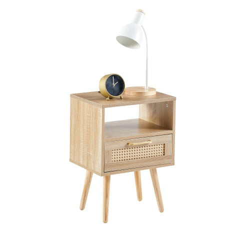 SYA Furniture Modern Minimalist Rattan Nightstand with Power Outlet & USB Ports - Natural