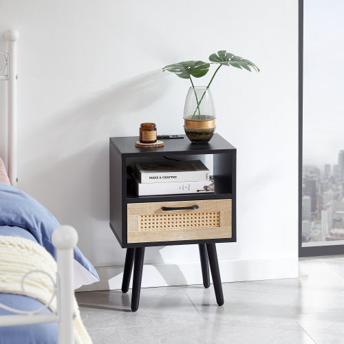 SYA Furniture Modern Minimalist Rattan Nightstand with Power Outlet & USB Ports - Black