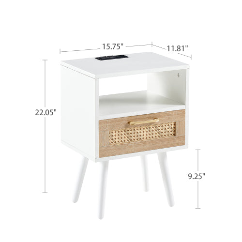 SYA Furniture Modern Minimalist Rattan Nightstand with Power Outlet & USB Ports - White