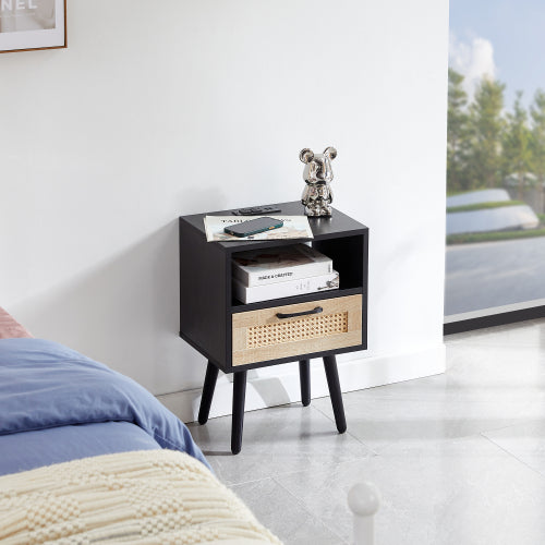 SYA Furniture Modern Minimalist Rattan Nightstand with Power Outlet & USB Ports - Black