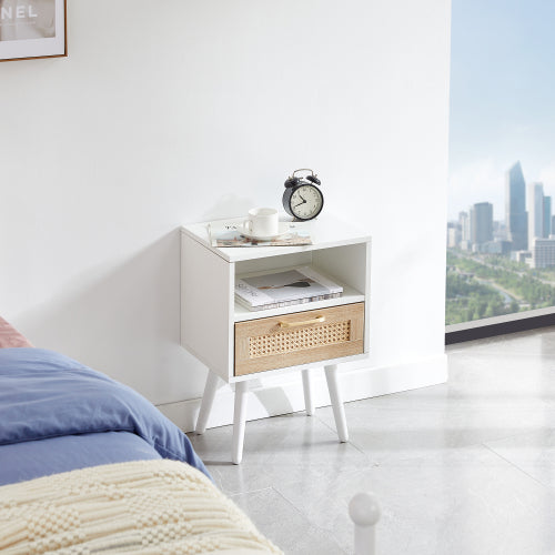 SYA Furniture Modern Minimalist Rattan Nightstand - White