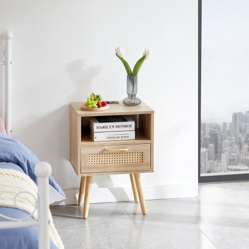 SYA Furniture Modern Minimalist Rattan Nightstand with Power Outlet & USB Ports - Natural