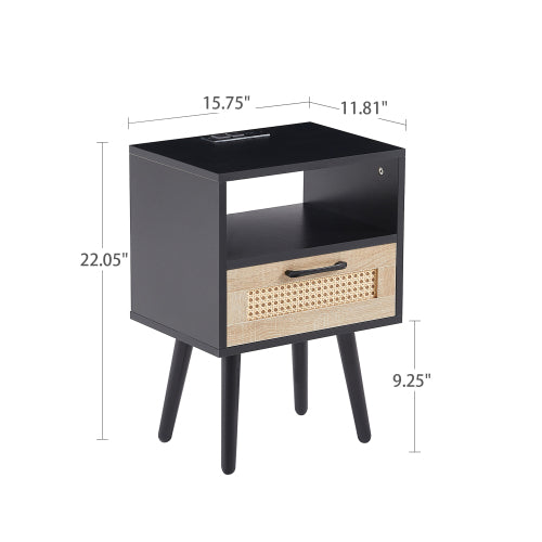 SYA Furniture Modern Minimalist Rattan Nightstand with Power Outlet & USB Ports - Black