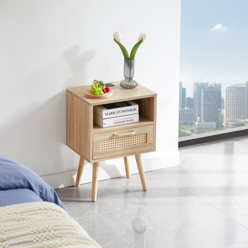 SYA Furniture Modern Minimalist Rattan Nightstand with Power Outlet & USB Ports - Natural