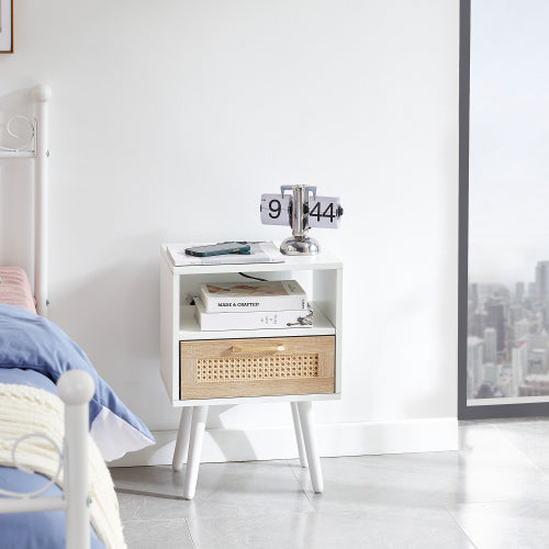 SYA Furniture Modern Minimalist Rattan Nightstand with Power Outlet & USB Ports - White