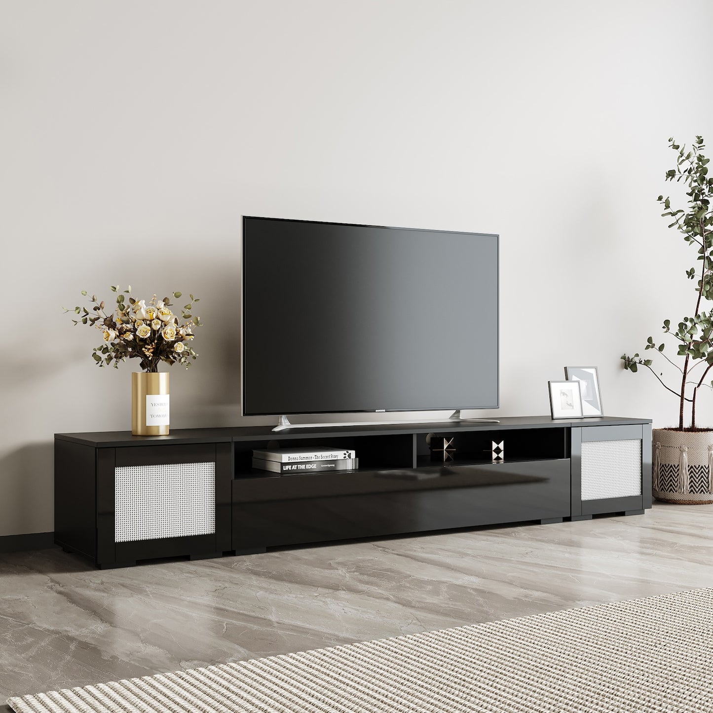 Stevie Modern 83" TV Console with Rattan Doors & LED Lights