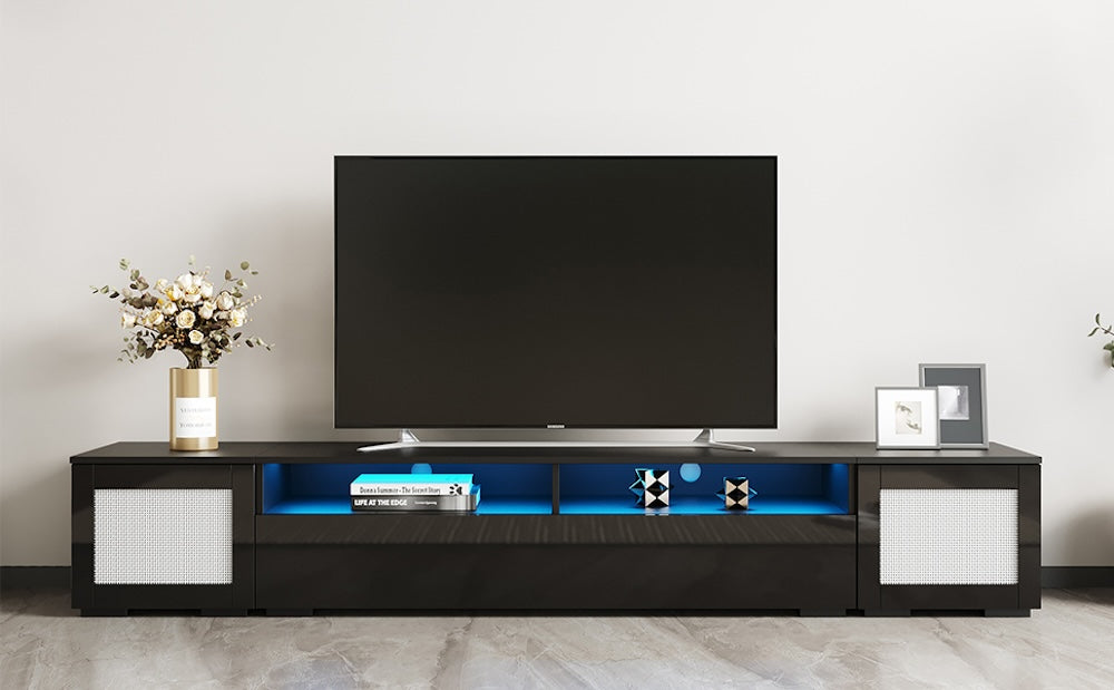 Stevie Modern 83" TV Console with Rattan Doors & LED Lights