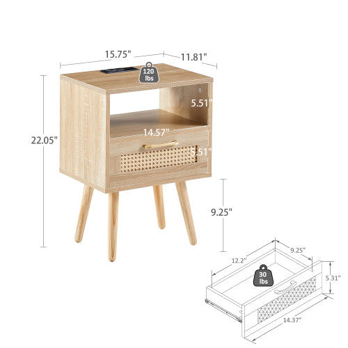 SYA Furniture Modern Minimalist Rattan Nightstand with Power Outlet & USB Ports - Natural