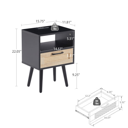 SYA Furniture Modern Minimalist Rattan Nightstand with Power Outlet & USB Ports - Black