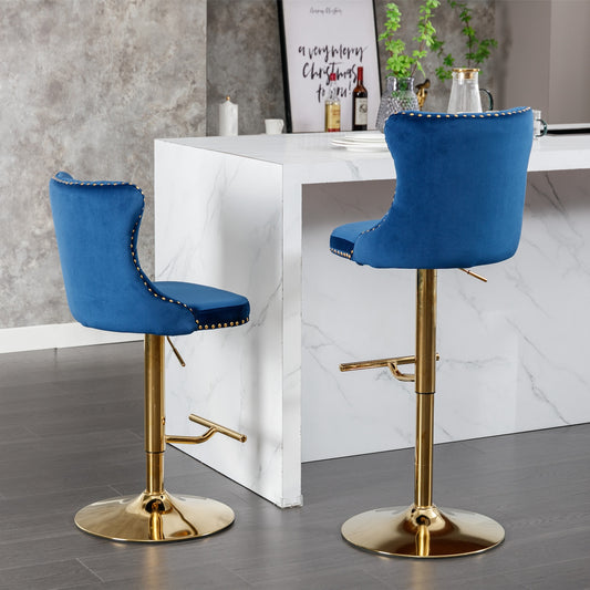 A&A Furniture Velvet Swivel Bar Stools with Gold Base Set of 2 - Blue