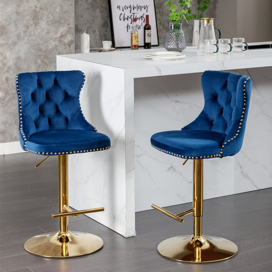 A&A Furniture Velvet Swivel Bar Stools with Gold Base Set of 2 - Blue