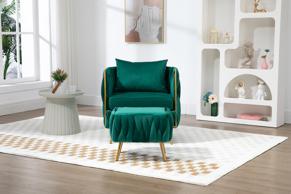 Coolmore Velvet Accent Chair & Storage Ottoman Set - Emerald