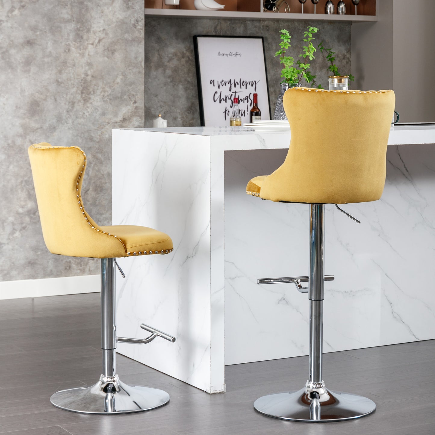 A&A Furniture Velvet Swivel Bar Stools with Silver Base Set of 2 - Yellow