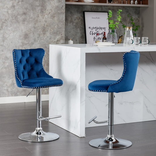 A&A Furniture Velvet Swivel Bar Stools with Silver Base Set of 2 - Blue